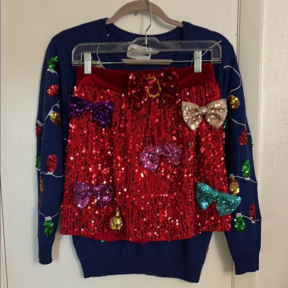 Festive Xmas Sweater + Skirt Set with Colorful Sequin Lights